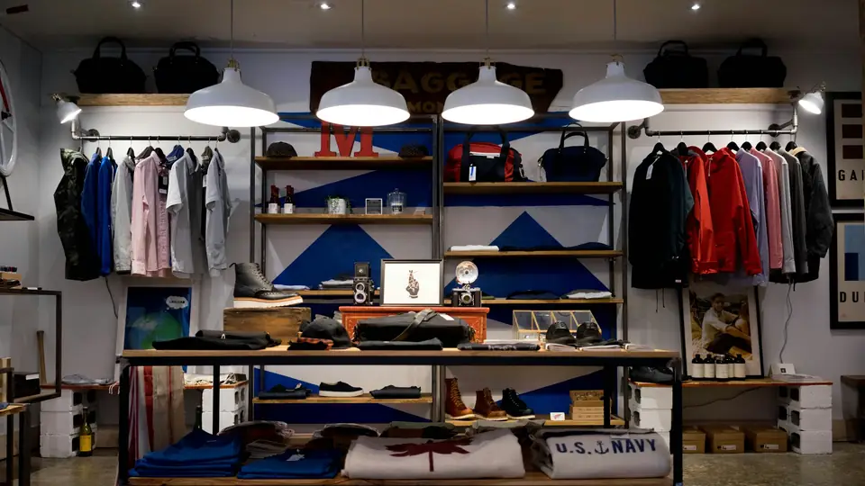 Interior de una tienda de ropa con prendas en repisas y percheros